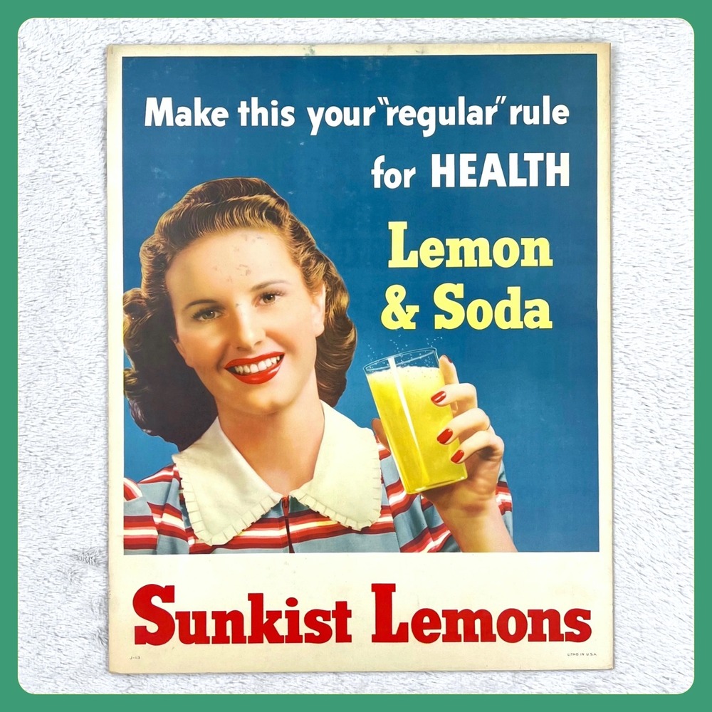 1950s Sunkist Lemons Soda‎ Vintage Advertising Sign 21" Cardboard Litho Display